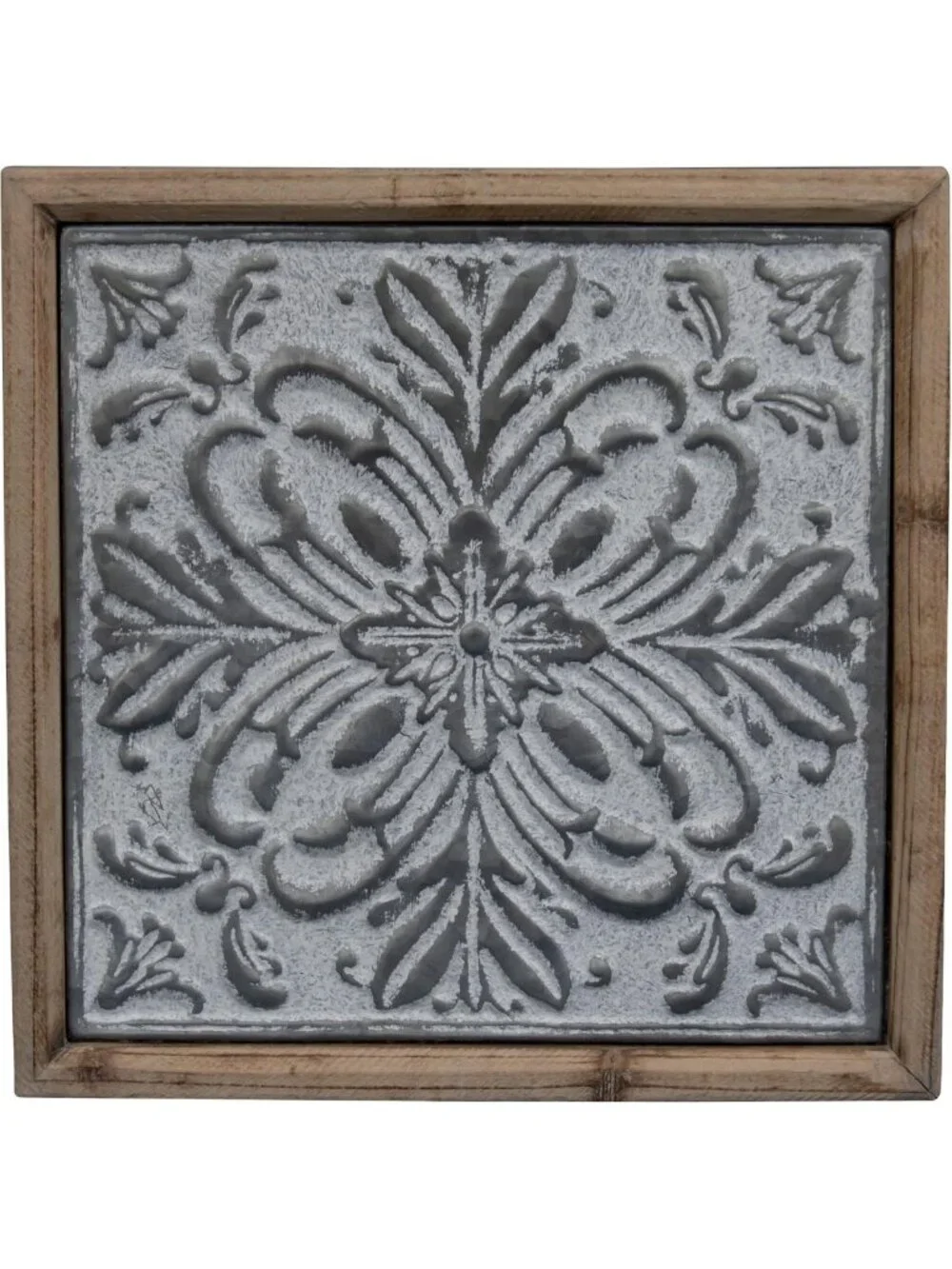 Whitewashed Tin Tile Wall Decor with Wood Frame - Rustic Home Accent Decor